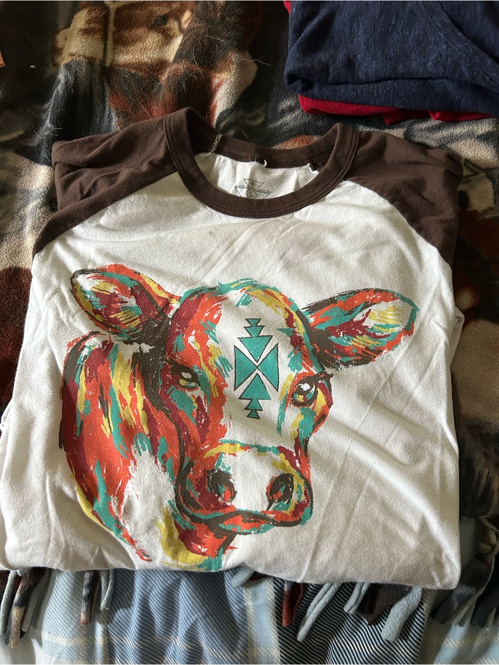 Crazy Train Brown & White Raglan Tee with Colorful Cow Graphic